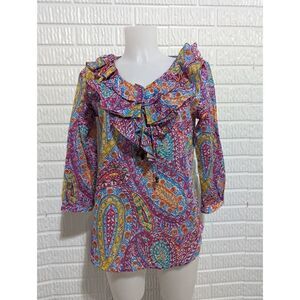 Ralph Lauren Women's Light Weight Ruffled V-Neck Cotton Paisley Blouse Small